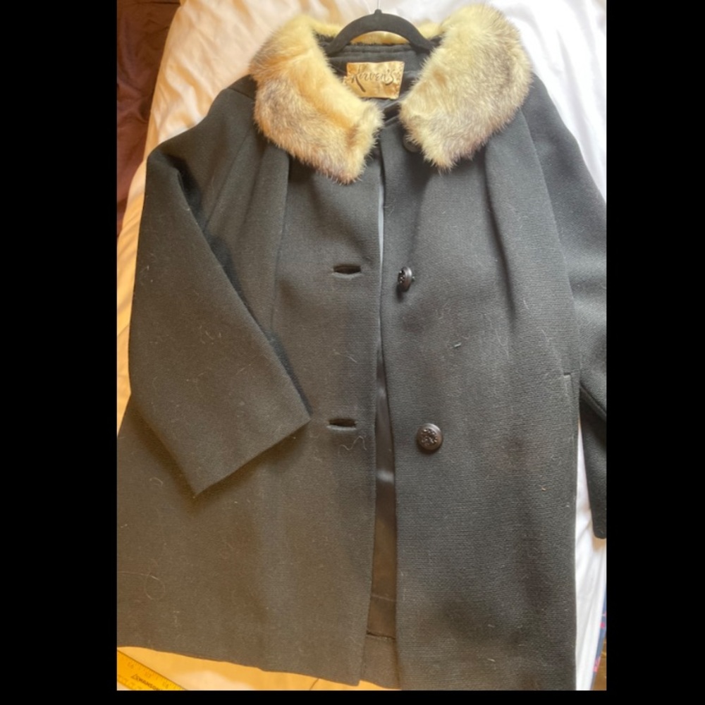 Antique black fur and wool A-line coat